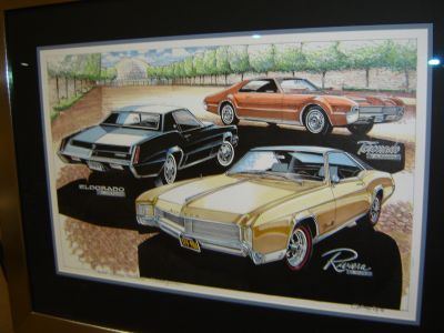 Artwork showing Darwin Falk's 66 GS, 67 Eldorado, 66 Toronado
Presented to Darwin Falk from Jason Zerbini 
